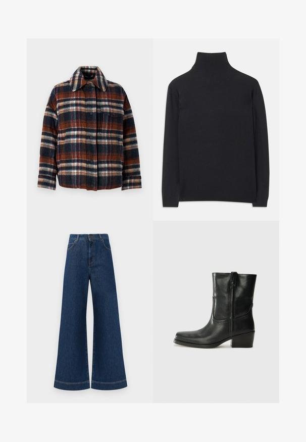 WEEKEND MaxMara DOVER - Jakna ispunjena paperjem - rosso marrone; Crna rolka izrađena od mekanog materijala. Ima duge rukave, visoki ovratnik te rebraste rukave i donji rub za prilagodljiv izgled.; Široke plave traperice s visokim strukom, s kopčanjem na gumbe, petljama za remen i suptilnim detaljima šavova duž džepova i rubova.; Crne kožne čizme do članaka s okruglim vrhom, blok potpeticom, bočnim patentnim zatvaračem i detaljima od šavova na gornjem dijelu. Glatka tekstura, klasičan dizajn.