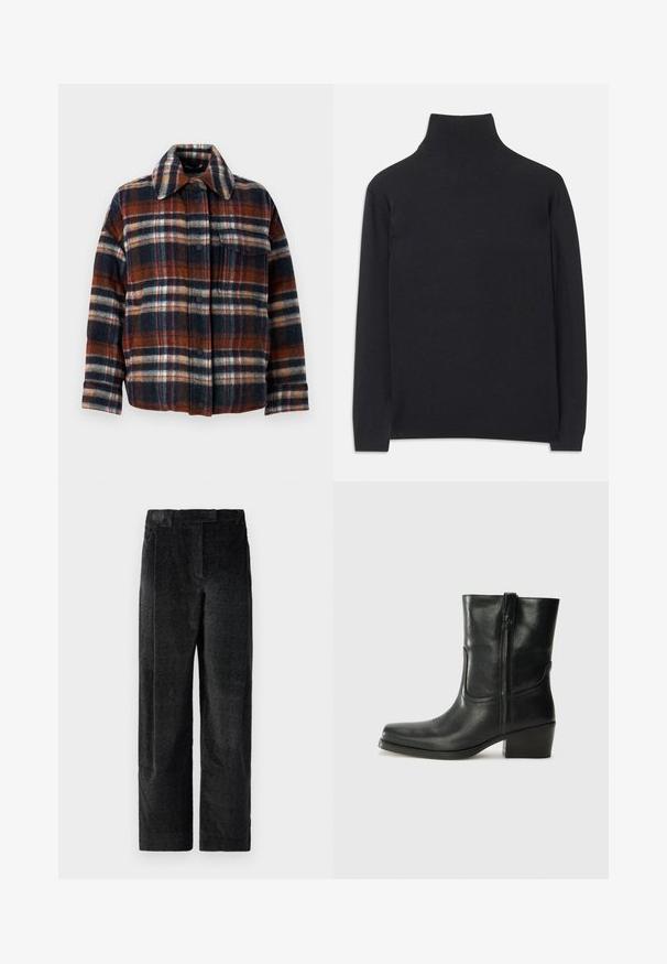 WEEKEND MaxMara DOVER brązowy; Czarny sweter z golfem wykonany z miękkiego materiału. Posiada długie rękawy, wysoki kołnierz oraz prążkowane mankiety i dół, co zapewnia dopasowany wygląd.; Czarne, strukturalne spodnie z szerokimi nogawkami i wyraźnym splotem, z zaszewkami z przodu oraz płaskim pasem. Klasyczny design zapewniający wszechstronność.; Czarne skórzane botki za kostkę z okrągłym noskiem, słupkowym obcasem, bocznym zamkiem i przeszyciami na cholewce. Gładka tekstura, klasyczny design.