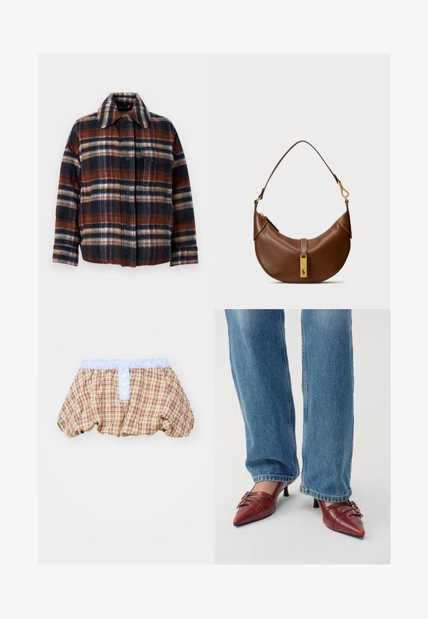 WEEKEND MaxMara DOVER - Sulejope - rosso marrone; Kergelt beež lihtsalt õlavarrast seelik marooni ja rohelise ruudumustriga. Omab nelja eesmist nuppu ja kahte rinna taskut.; Ruududega puffed lühikesed püksid pruunis, beežis ja punases, helesinise triibulise vöökohtadega ning nuppudega detailid ees.; Punased nahast terava varbaga kingad väikese kandiga, millel on horisontaalne õmblus ja kaks hõbedast pandlat, kantud koos siniste teksadega.; Pruun nahkne õlakott, millel on kumer kuju, kuldne riistvara, ülemise klapi detail ja logo aktsent. Sile tekstuur ja õmmeldud servad.