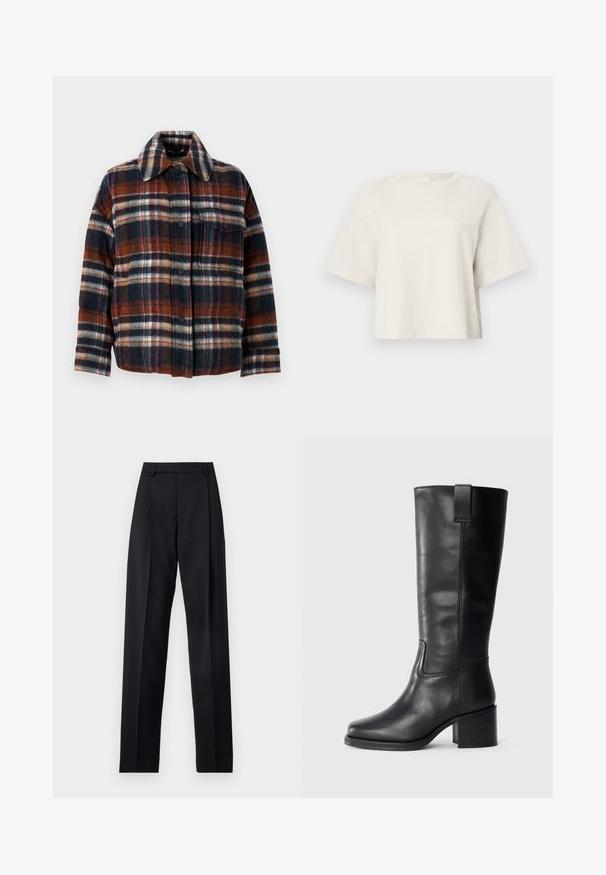 WEEKEND MaxMara DOVER - Tollkabát - rosso marrone; Tejszínű, rövid fazonú póló bordázott anyagból, kerek nyakkivágással és rövid ujjakkal, laza szabással.; Fekete nadrág sima anyagból, magas derékkal, széles lábakkal, elülső redőkkel és klasszikus övhurkokkal. Oldalzsebek nem láthatók.; Fekete bőr, térd fölé érő csizmák sima textúrával, négyzetes orral, tömbsarkúval és oldalsó húzófüllel, minimális varrási részletekkel.