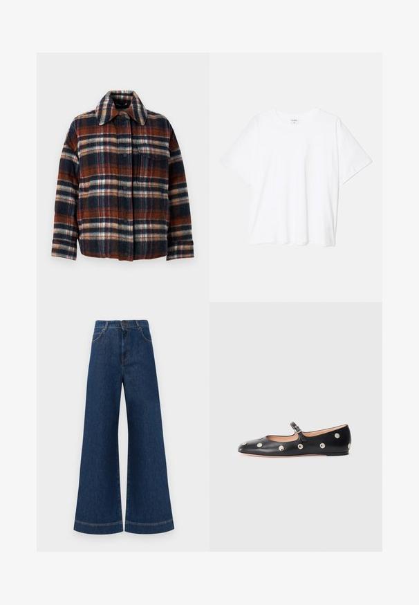 WEEKEND MaxMara DOVER - Dūnu jaka - rosso marrone; Balta kokvilnas T-krekls ar īsām piedurknēm, apaļu dekoltē, brīva piegriezuma un šūtu apakšmalu. Etiķete redzama iekšējā kakla daļā.; Plati ziladenim bikses ar augstu jostasvietu, kas aprīkotas ar pogas aizdari, jostu cilpām un nelieliem šuvju detalizējumiem ap kabatām un malām.; Melna ādas Mary Jane līdzena zābaku ar noapaļotu purngalu, kurā ir sudraba apaļie kniedes un regulējama siksniņa ar sprādzi.