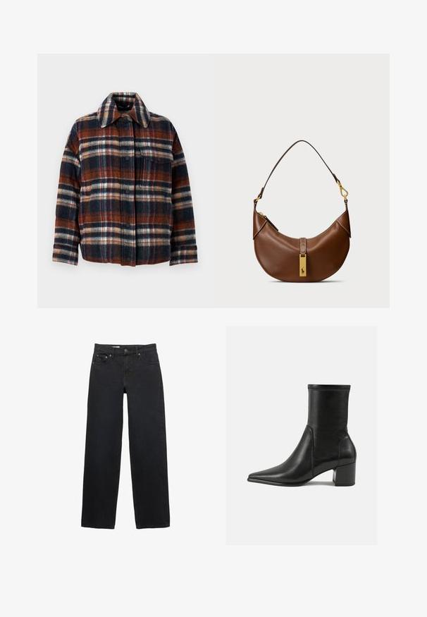 WEEKEND MaxMara DOVER - Jachetă cu puf - rosso marrone; Diane von Furstenberg MACKENZIE - Bluză cu mânecă lungă - black; Jeans negre cu croi larg, fabricate din denim, având cinci buzunare, închidere cu nasture, cusături subtile și un tăiat drept de la talie până la poale.; Botină neagră până la gleznă, fabricată din piele netedă, cu vârf ascuțit, toc tip bloc și cusături proeminente distincte la marginea superioară.; Geantă de umăr din piele maro cu o formă curbată, accesorii din aur, detaliu cu clip superior și un accent cu logo. Textură netedă cu margini cusute.