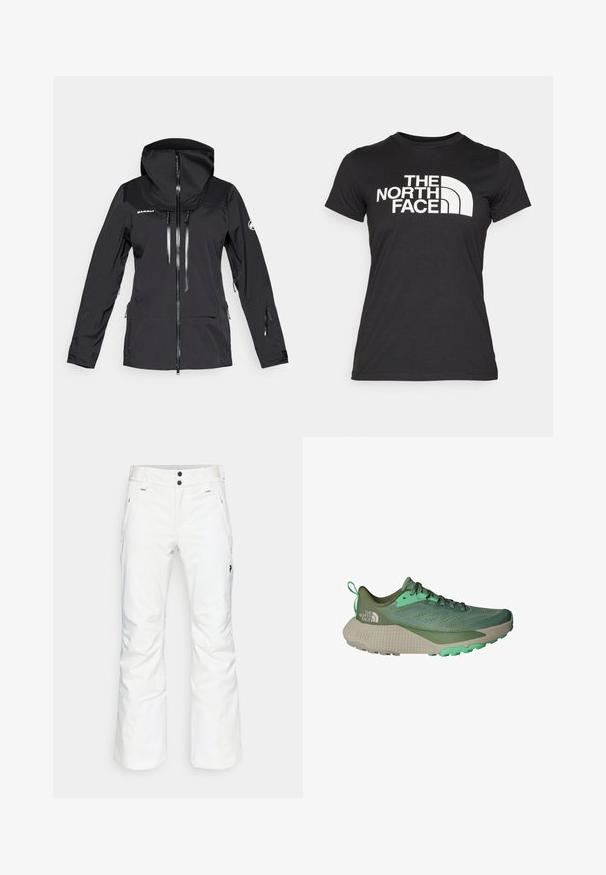 Casaco preto impermeável com capuz, fecho frontal, bolsos no peito e laterais, e punhos ajustáveis. Apresenta um tecido suave e um design minimalista.; T-shirt preta feita de algodão com mangas curtas. Apresenta um grande texto em branco com logo e um gráfico curvado na parte da frente. Textura suave.; Calças de neve brancas com um design de perna reta, dois bolsos frontais e dois fechos com botão preto. Tecido texturizado com detalhe em marcação preta.; Sapata de corrida verde com parte superior em malha, detalhes contrastantes e sola texturizada. Apresenta um entressola almofadada e calcanhar reforçado para estabilidade.