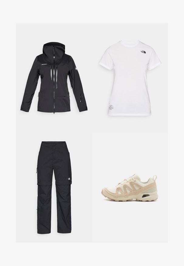Melnā ūdensnecaurlaidīgā jaka ar kapuci, priekšējo rāvējslēdzēju, krūšu un sānu kabatām, kā arī regulējamiem apročām. Iespējas ietver gludu audumu un minimālisma dizainu.; Balts kokvilnas T-krekls ar melnu logotipu kreisajā krūtīs un pelēku grafiku apakšējā labajā stūrī. Klasisks apaļais kakls un īsām piedurknēm.; Melni nailona bikses ar noņemamām kājām, regulējamiem uzmavām, vairākām kabatām un logotipu uz labās kājas. Gluda, viegla tekstūra.; Beige un krēma sporta apavi ar strukturētu tīkla virsmu, atbalstošajiem slāņiem un gumijas zoli ar protektoru rakstu, kas nodrošina saķeri.