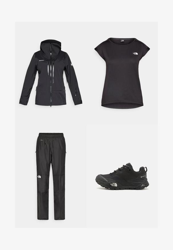 Mustikas veekindel jakk kapuutsiga, ees lukuga, rinna- ja küljetaskutega ning reguleeritavate mansettidega. Omab sileda kangast ja minimalistikku disaini.; The North Face TANKEN TANK - Spordi T-särk - black; Mustad veepidavad püksid, mis on valmistatud kergest kangast, elastse vöökoha, küljetaskute ja logo kahel jalal.; Mustad matkajalanõud musta värvi, tekstuurse ülemise osa, paeltega kinnituse ja volüümika kummitald, millel on silmapaistev logo külgedel ja mustrimuster.