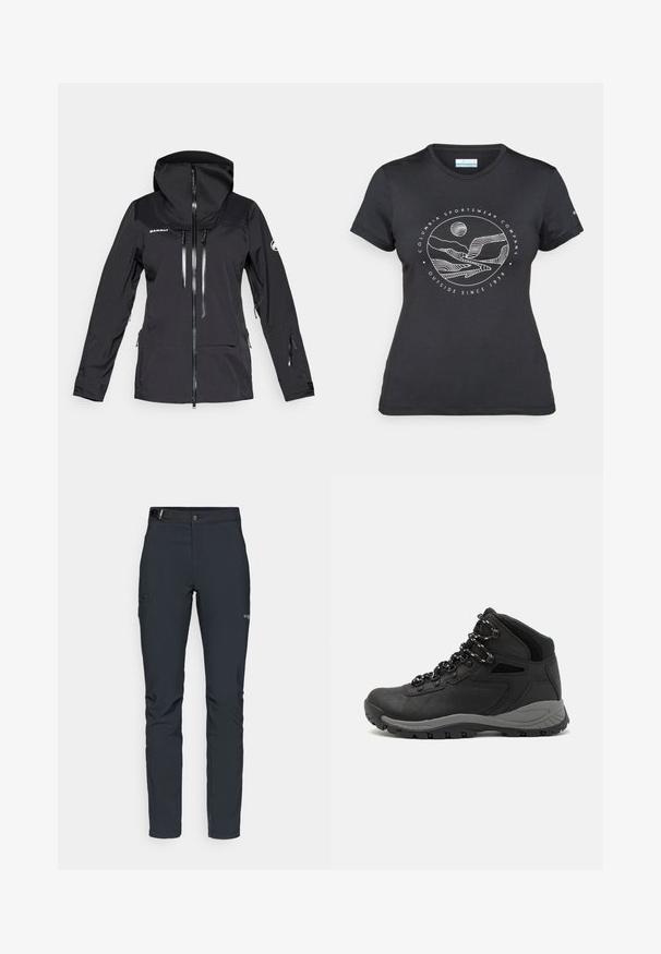 Czarna wodoodporna kurtka z kapturem, z zamkiem z przodu, kieszeniami na piersi i z boku oraz regulowanymi mankietami. Posiada gładki materiał i minimalistyczny design.; Czarny t-shirt Columbia z białą okrągłą grafiką gór i rzeki oraz napisem "Columbia Sportswear Company Outside Since 1938."; Męskie spodnie outdoorowe, ciemnoszare, wykonane z elastycznego materiału, z paskiem, kieszeniami na zamek oraz wzmocnionymi szwami.; Czarne buty trekkingowe z średnim cholewem, z teksturowaną cholewą, szarymi akcentami oraz trwałą gumową podeszwą z wypustkami zapewniającymi przyczepność.