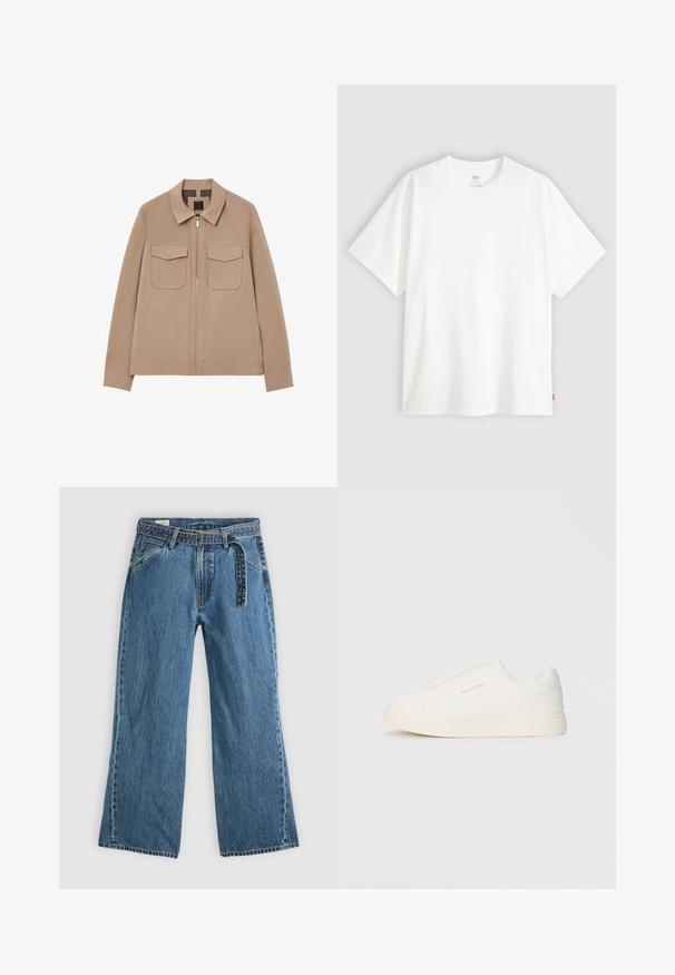 Beige Zip-Jacke mit zwei Vorderklappentaschen, langen Ärmeln und einem Kragen, flach auf einem weißen Hintergrund ausgestellt.; Weißes T-Shirt mit kurzen Ärmeln aus Baumwolle und rundem Halsausschnitt. Besitzt ein dezentes, geprägtes Logo-Detail auf der Vorderseite und ein rotes Etikett am Saum.; Blaue Denim-Jeans mit weitem Bein, angebautem Gürtel, vorderen Taschen und sichtbaren Nähten auf einem schlichten hellen Hintergrund.; Weiße Slip-On-Sneaker mit einer strukturierten Oberfläche, dicker Sohle und minimalistischem Design. Mit Logo der Marke an der Seite.