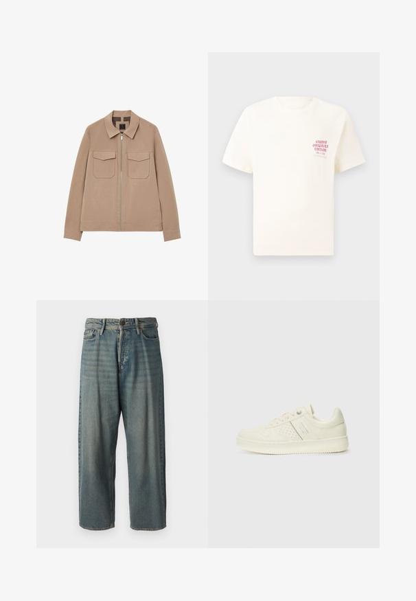 Beige Zip-Jacke mit zwei Vorderklappentaschen, langen Ärmeln und einem Kragen, flach auf einem weißen Hintergrund ausgestellt.; Weißes T-Shirt mit kurzen Ärmeln und rotem Text "Studio Originals Edition" auf der linken Brust, präsentiert vor einem neutralen grauen Hintergrund.; Helle blaue Denim-Jeans mit lockerer Passform, mittelhoher Taille und geraden Beinen. Hat fünf Taschen, Gürtelschlaufen und einen Knopfverschluss.; Cremefarbene Sneaker mit perforierten Details, Schnürsenkeln und Logo an der Seite, vor einem schlichten weißen Hintergrund präsentiert.