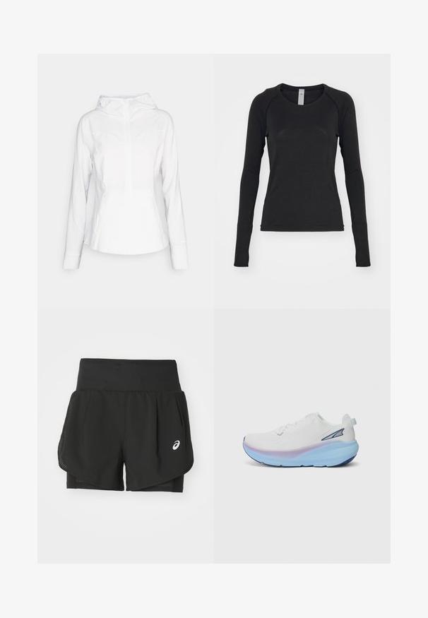 lululemon MIST OVER WINDBREAKER - Vetrovka - white; Majica s dolgimi rokavi v črni barvi, izdelana iz mehkega blaga. Ima okroglo ovratnik in raglan rokave z odprtinami za prste na zapestjih. Minimalističen dizajn.; Črne atletske kratke hlače z zračnim mrežastim pregrinjalom, notranjimi hlačami z gladko teksturo in belim logotipom na levi strani.; Bela tekaška obuvala z teksturirano zgornjim delom, ki ima gradientno podplatt v modrih in vijoličnih odtenkih ter majhnim logotipom ob strani.