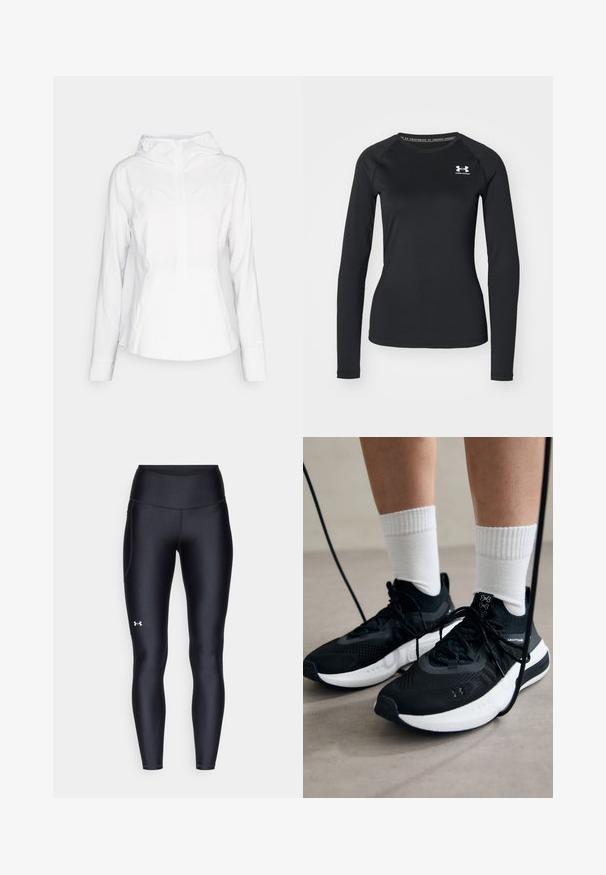 lululemon MIST OVER WINDBREAKER - Giacca a vento - white; Maglietta sportiva nera a maniche lunghe realizzata in tessuto liscio, con scollatura tonda e un piccolo logo bianco sul lato sinistro del petto.; Leggings neri realizzati in materiale morbido e stretch con vita alta. Presentano un logo bianco sulla coscia sinistra e un design aderente.; Scarpe sportive nere con tessuto testurizzato, suola bianca e lacci neri. Indossate con calzini bianchi a costine, in piedi su una superficie chiara.