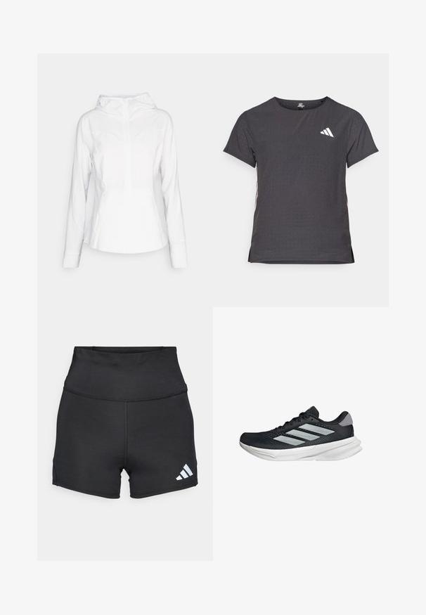 lululemon MIST OVER WINDBREAKER - Vjetrovka - white; Majica kratkih rukava za sport, tamno siva s perforiranim uzorkom. Ima bijeli logo i kontrastne bočne pruge. Zaobljeni izrez.; adidas Performance Tajice - black; Crne trkačke tenisice s mrežastim gornjim dijelom, tri srebrne pruge, bijeli srednji sloj i teksturirani potplat. Sadrži podstavljeni ovratnik i zatvaranje s vezicama.