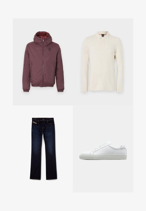 Bordó puffertakaró kapucnival, két elülső cipzáros zsebbel, elasztikus mandzsettákkal és fényes piros béléssel. Cipzáros elülső záródás és logójal. ; Hosszú ujjú pólóing világos bézs színben, sima anyagból készült, polo gallérral, kétgombos gombolással és egy kis logóval a mellrészen.; Sötétkék farmernadrág egyenes lábbal, narancssárga varrással, cipzáras sliccsel és elülső zsebekkel. Simább tapintású és standard derékkal rendelkezik.; Fehér sportcipő sima bőr felső résszel és alacsony profilsal. Kerek orr, hat fűzőlyuk és barázdált gumitalp jellemzi.