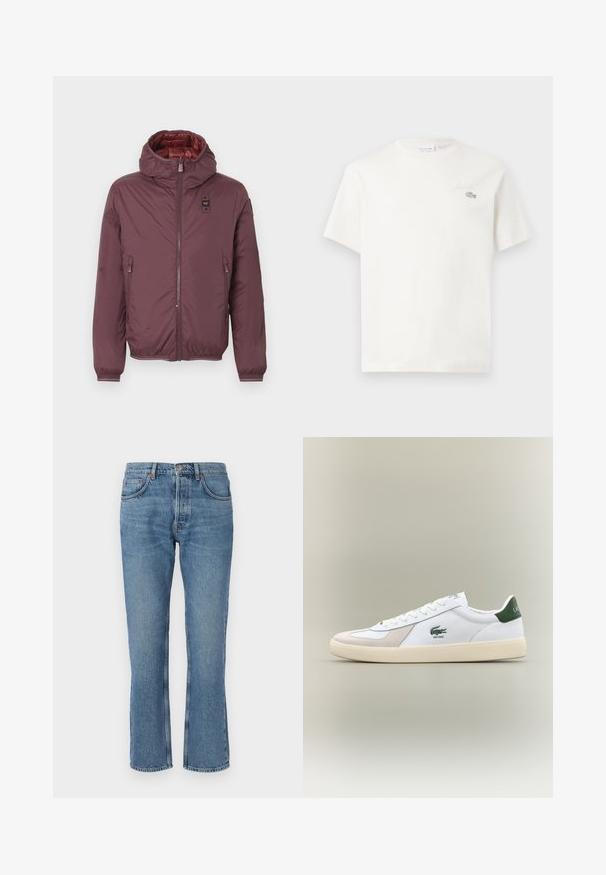 Bordoo puffer jakk kapuutsiga, kahe esiseest luku-taskuga, elastsed mansetid ja läikiv punane vooder. Lukuga esitõmme ja logosilt.; Valge puuvillane T-särk lühikeste varrukatega, millel on diskreetne brodeeritud logo ja minimalistlik disain. Pehme tekstuur, ümar kaelusekujundus.; Heledad sinine denimpüksid sirge lõikega, viie-taskuga disain ja kontrastsete õmblustega. Kangas on pehme tekstuuriga ning veidi kulunud.; Valged sneaks roheliste aktsentidega, nahast ja sametmaterjalidest, ümmarguse varbaga, tekstuuriga välistallaga ning tikandiga logo külje ja keele peal.
