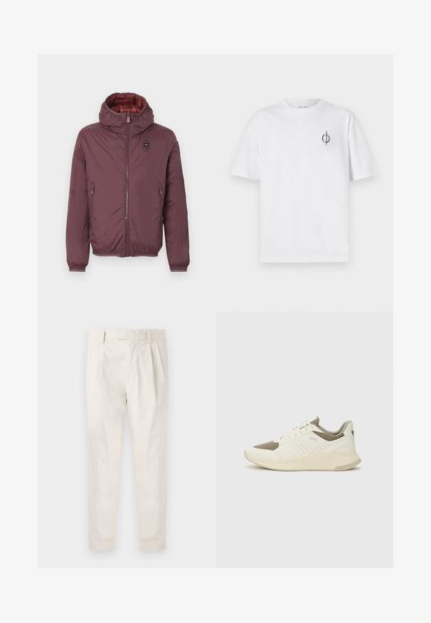 Bordový nafukovací kabát s kapucňou, dvoma prednými zipsovými vreckami, elastickými manžetami a lesklou červenou podšívkou. Predné zapínanie na zips a nášivka s logom.; Biela bavlnená tričko s voľným strihom, s malým čiernym grafickým logom na ľavej strane hrudníka. Krátke rukávy, okrúhly výstrih.; Biele plisované nohavice s prispôsobeným strihom, s hladkou textúrou, pútkami na opasok a zúženými nohavicami. Žiadne viditeľné vrecká ani vzory.; Biele a svetlo béžové športové tenisky s hornou časťou z mriežkového materiálu, perforovanými detailmi a textúrovanou medzipodrážkou s logom na päte.