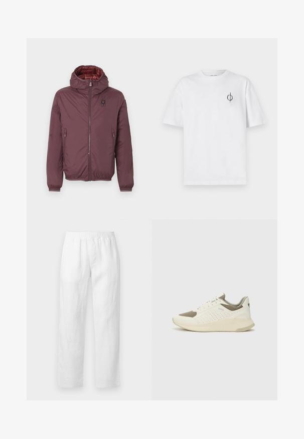 Bordó puffertakaró kapucnival, két elülső cipzáros zsebbel, elasztikus mandzsettákkal és fényes piros béléssel. Cipzáros elülső záródás és logójal. ; Fehér pamut póló laza szabással, kis fekete grafikai logóval a bal mellen. Rövid ujjak, kerek nyakkivágás.; Fehér lenvászon nadrág, rugalmas derékpánttal, egyenes szárú szabással és lágy tapintású anyaggal, minták vagy látható díszítőelemek nélkül.; Fehér és világos bézs sportcipő, légies hálós felsőrésszel, perforált részletekkel és texturált középtalppal, amelyen a saroknál a márka logója található.
