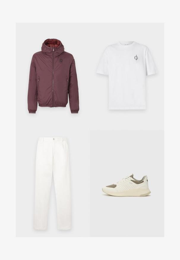 Bordoo puffer jakk kapuutsiga, kahe esiseest luku-taskuga, elastsed mansetid ja läikiv punane vooder. Lukuga esitõmme ja logosilt.; Valge puuvillane t-särk lõdva sobivusega, millel on vasakul rinnal väike must graafiline logo. Lühikesed varrukad, ümmargune kaelus.; Valged püksid, mis on valmistatud siledast kangast, sirge jala disainiga, ees olevate voldidega ja ühekordse nupuga vöökohtadel.; Valge ja heledat beeži värvi spordijalats, millel on õhuke võrkmaterjal, perforatsioonidega detailid ning tekstuuriga vahetald, millel on brändi logo kannaosas.