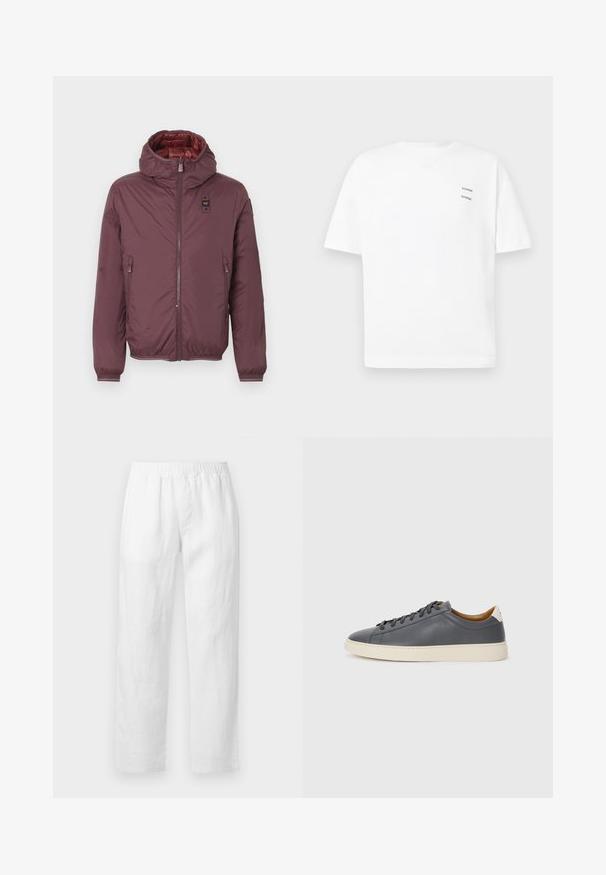 Jachetă puffer bordeaux cu glugă, două buzunare frontale cu fermoar, manșete elastice și o căptușeală roșie lucioasă. Închidere frontală cu fermoar și patch cu logo.; Tricou din bumbac alb, cu o croială lejeră, mâneci scurte și decolteu în V. Are două logo-uri mici imprimate în negru pe partea stângă.; Pantaloni albi din in, cu talie elastică, croială dreaptă și textură moale, fără modele vizibile sau detalii metalice.; Adidași din piele gri, cu vârf rotund, talpă din cauciuc, șireturi plate și accente de culoare deschisă pe călcâi. Textură netedă și design minimalist.