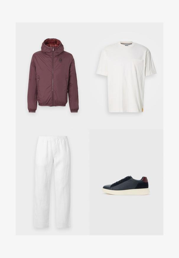 Bordoo puffer jakk kapuutsiga, kahe esiseest luku-taskuga, elastsed mansetid ja läikiv punane vooder. Lukuga esitõmme ja logosilt.; Valge puuvillane t-särk ümmarguse kaelusega, lühikeste varrukatega ja vasakul rinnataskuga. Ääristab väike logo silt külgõmblusel.; Valged linased püksid, millel on elastne vöökoht, sirge säärejoon ja pehme tekstuur, ilma nähtavate mustrite või riistvara detailideta.; Madala stiilis meeste toss mustast nahast ja seemisnahast, marooni värvi kanna detailiga ja valge kummist tallaga, vaatega välisküljelt.