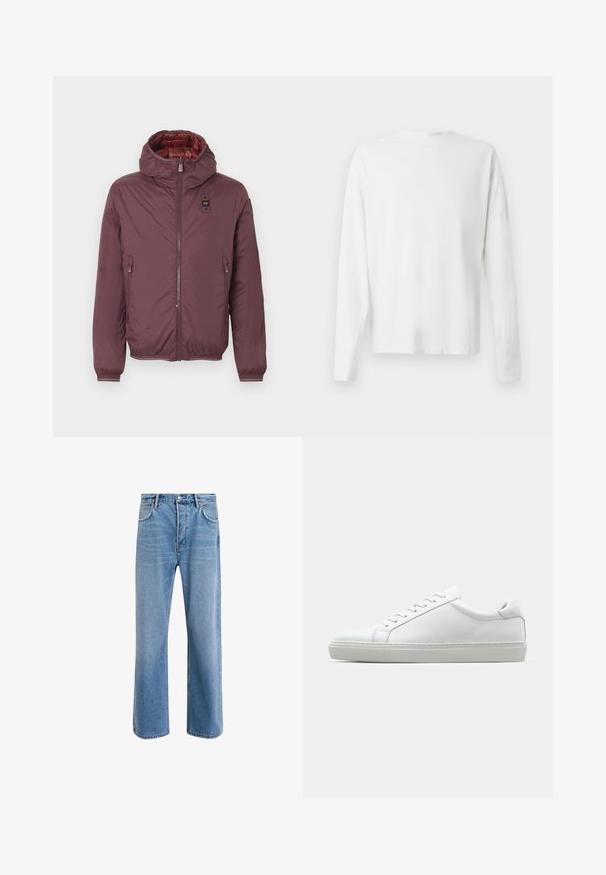 Burgunderfarget pufferjakke med hette, to frontlommene med glidelås, elastiske mansjetter og en skimrende rød foring. Glidelås foran og logo-klaff.; Langermet hvit bomullsskjorte med rund hals, sidespalter nederst og en jevn tekstur, vist fra baksiden.; Lys blå denimjeans med rett ben-design, fem lommer, knappeåpning, minimal falming og kontrasterende sømdetaljer.; Hvit sneakers med en glatt skinnoverdel og lav profil. Har en rund tå, seks snøring hull, og en teksturert gummisåle.