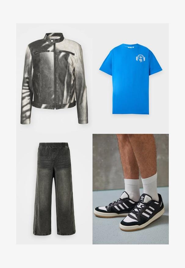 Læderjakke i sort og grå med opretstående krave, to lynlåslommer på brystet, sidelommer og en slidt overflade.; Blå bomulds t-shirt med korte ærmer. Har et hvidt grafisk design på forsiden, der viser en karakter med hovedtelefoner og en bue.; Sorte vaskede denimbukser med elastisk talje og brede ben, der har subtile lodrette sømdetaljer på siderne.; Sorte og hvide sneakers med en overdel i ruskind og læder, der har tre hvide striber, en perforeret tå og en sål i gummigummi.