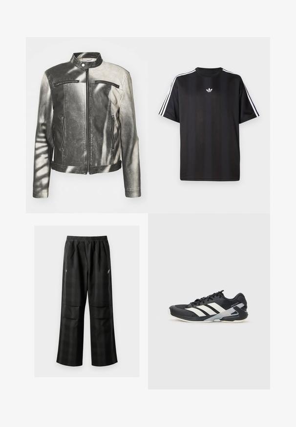 Jachetă din piele, în culorile negru și gri, cu guler ridicat, două buzunare frontale cu fermoar, buzunare laterale și un finisaj uzat.; Tricou negru cu mânecă scurtă, cu detalii albe cu trei dungi pe umeri și un mic logo alb pe piept. Textură de țesătură netedă.; Pantaloni cu un model carourile negre, având talie elastică, două buzunare frontale și un croi lejer cu picioare drepte. Construiți dintr-un material ușor.; Pantofii sport negri cu dungi albe, superior din plasă, vârf rotunjit și talpă îmbunătățită pentru amortizare. Au o călcătură texturată și un sistem de șireturi securizat.