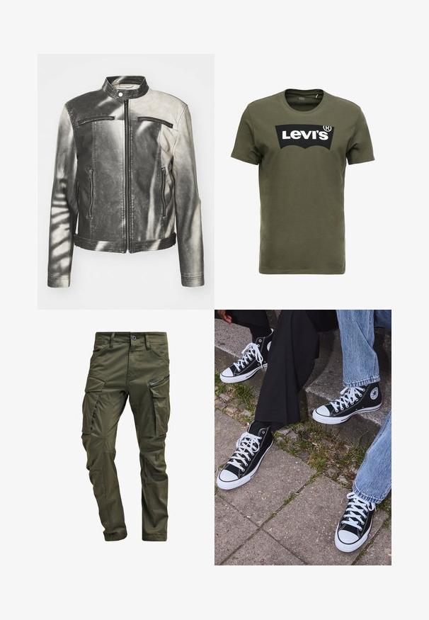 Læderjakke i sort og grå, med en stående krave, to lynlåslommer på brystet, sidelommer og en slidt finish.; Oliven grønn bomulls t-skjorte med en stor svart Levi's-logo på forsiden. Klassisk crewneck og korte ermer, glatt tekstur.; Olivengrønne cargo-bukser lavet af robust bomuld. Har flere lommer, en lynlåslomme på siden og tætsiddende ben med en let struktureret overflade.; Sorte høyre sneakers i kanvas med hvite gummisåler og snøringer, med et rundt logo på siden og kombinert med denim og sorte bukser.