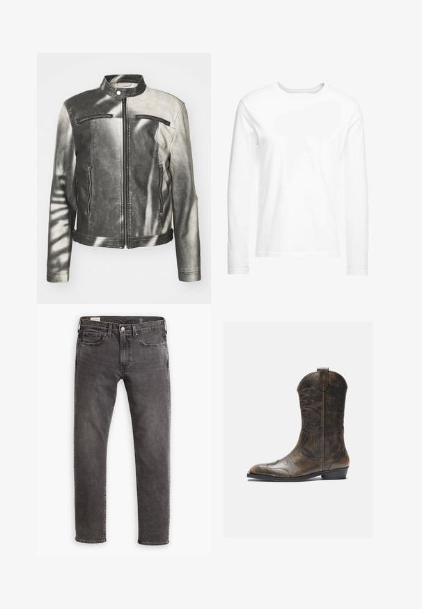 Musthaaken must nahkjakki mustas ja hallis, millel on püsti krae, kaks lukuga rinda taskut, küljetaskud ja kulunud välimus.; Pikad varrukad valge t-särk, mis on valmistatud pehmest puuvillast. Ümmargune kaelus, sirge lõikega ääred ning ilma nähtavate mustrite või graafikateta.; Hallid hallid teksad sirge lõikega, viie tasku kujunduse ja nupuvajutusega. Omab peent tuhmumist ja toon-toonis õmblemist üle kogu.; Pruun nahast cowboy saapad, millel on pikk vars, terav varvas, keerukad õmblusmustrid ja väike konts. Ühtlane tekstuur kogu ulatuses.