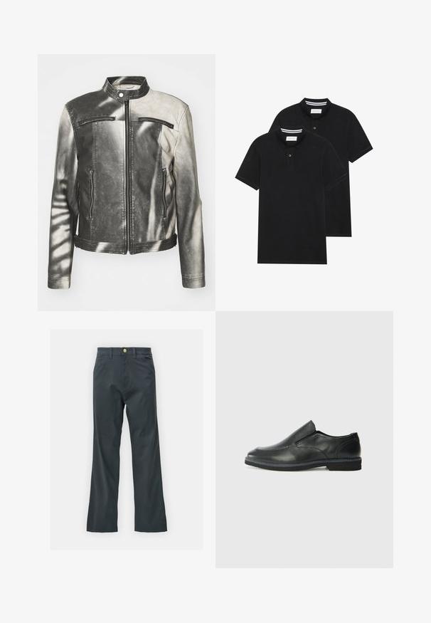 Læderjakke i sort og grå med opretstående krave, to lynlåslommer på brystet, sidelommer og en slidt overflade.; To sorte polo T-shirts, kortærmede, lavet af bomuldsstof, med en klassisk krave, to-knaps placket og hvide stribede detaljer indeni kraven.; Sorte bukser med lige ben, lavet af en bomuldsblandingsstof. Har en metalknaplukning og sidelommer. Ingen synlige mønstre.; Sorte læder slip-on sko med en glat overdel, syede detaljer, rund tå og en lav gummihæl. Sålen har minimal profil.