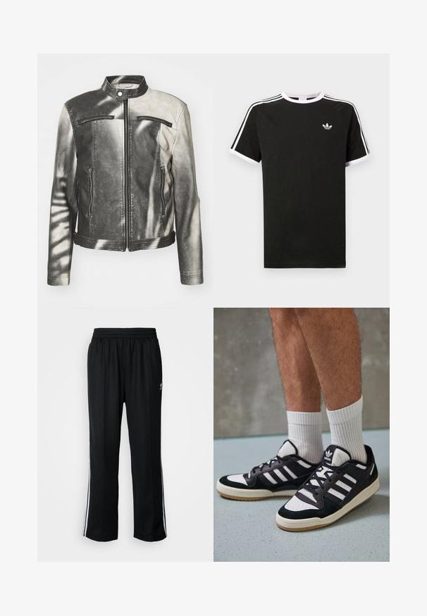 Læderjakke i sort og grå med opretstående krave, to lynlåslommer på brystet, sidelommer og en slidt overflade.; Sort t-shirt lavet af bomuld med hvide accenter. Har korte ærmer, raglan-design og et lille logo på brystet. Tre hvide striber på skuldrene.; Sorte træningsbukser med elastisk talje, der har hvide sidestænger og et lille logo. Materialet ser blødt og let ud.; Sorte og hvide sneakers med en overdel i ruskind og læder, der har tre hvide striber, en perforeret tå og en sål i gummigummi.