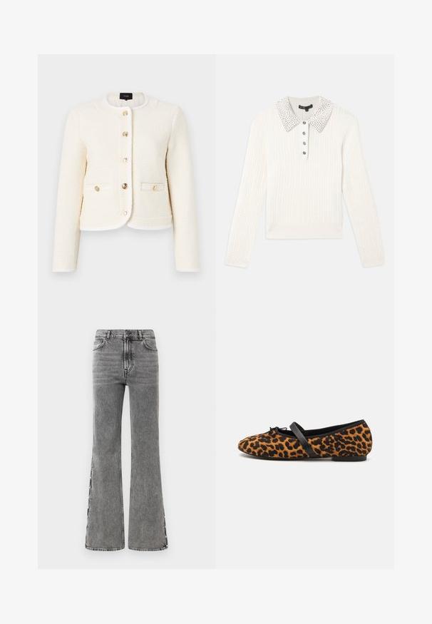 Weißes, strukturiertes Jackett mit rundem Kragen, goldenen Knöpfen, zwei Vordertaschen und kontrastierenden Besätzen entlang der Kanten und des Kragens.; Weißer Kabelstrick-Pullover mit langen Ärmeln, Perlen besetztem Kragen und vier schwarzen Dekorationsknöpfen an der vorderen Blende.; Schwarze Jeans im Flared-Stil mit hoher Taille. Verfügt über sichtbare Nähte und seitliche Schlitze, die einen strukturierten Look bieten.; Ballettschuhe mit Leopardenmuster und schwarzen Akzenten, abgerundete Spitze, flache Sohle und einer dekorativen Schleife an der Vorderseite. Weiche Textur.