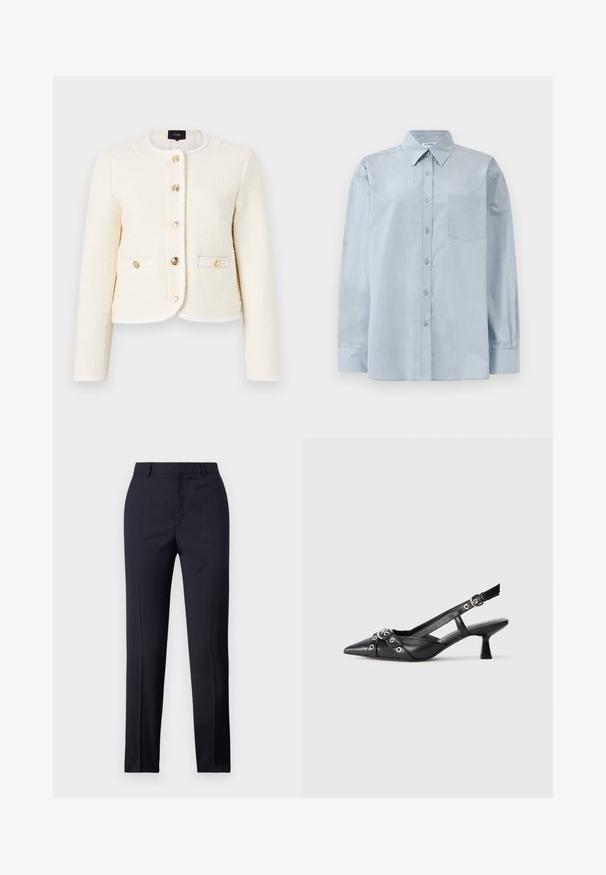 Weißes, strukturiertes Jackett mit rundem Kragen, goldenen Knöpfen, zwei Vordertaschen und kontrastierenden Besätzen entlang der Kanten und des Kragens.; Hellblaues Langarmhemd mit Knopfverschluss, spitzem Kragen und Brusttasche, flach auf einem weißen Hintergrund ausgelegt.; Marineblaue Tailored-Hosen mit geradem Schnitt, ausgestattet mit glattem Material, zwei frontalen Taschen und einem schlichten Bund.; Schwarzer Leder-Slingback-Schuh mit spitz zulaufender Zehenpartie, dekorativen Riemen mit METALLÖSEN und niedrigem Blockabsatz. Strukturelle Oberfläche.