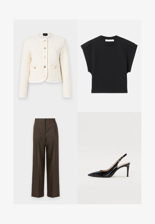 Biała kurtka o fakturowanej powierzchni z okrągłym kołnierzem, złotymi guzikami, dwoma przednimi kieszeniami i kontrastowym wykończeniem wzdłuż brzegów oraz kołnierza.; Czarny top z krótkim rękawem i okrągłym dekoltem, z detalami na ramionach, leży płasko na białym tle.; Brązowe spodnie o szerokich nogawkach, gładkiej fakturze, z wysokim stanem, plisami z przodu i dopasowanym fasonie. Brak widocznych kieszeni i ozdób.; Czarne lakierowane szpilki typu slingback z szpiczastym noskiem, smukłym obcasem i subtelnym wycięciem. Posiadają złotą klamrę na pasku.