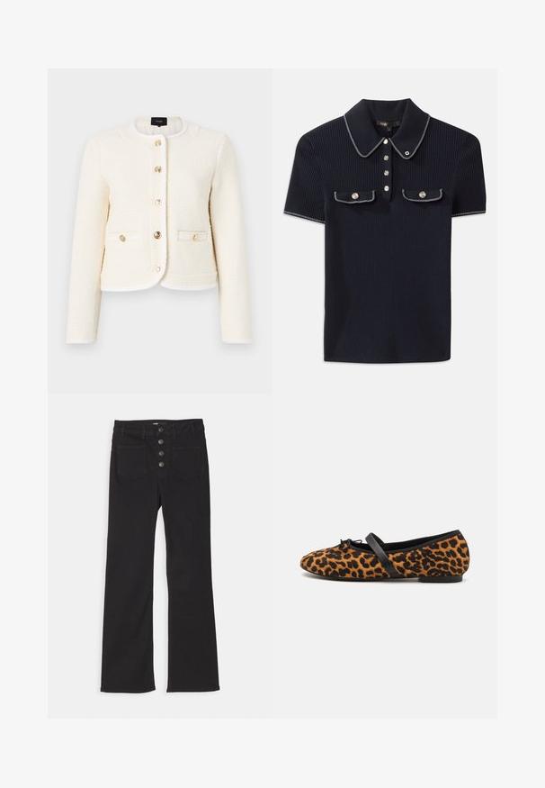 Weißes, strukturiertes Jackett mit rundem Kragen, goldenen Knöpfen, zwei Vordertaschen und kontrastierenden Besätzen entlang der Kanten und des Kragens.; Navyblaues gestreiftes Poloshirt mit spitzem Kragen, kurzen Ärmeln und zwei vorderen Taschen mit Druckknöpfen; hervorgehoben durch weiße Steppnähte.; Schwarze, ausgestellt geschnittene Jeans aus Denim mit hoher Taille, fünf Taschen und einem frontalen Knopfverschluss mit vier Metallknöpfen.; Ballettschuhe mit Leopardenmuster und schwarzen Akzenten, abgerundete Spitze, flache Sohle und einer dekorativen Schleife an der Vorderseite. Weiche Textur.
