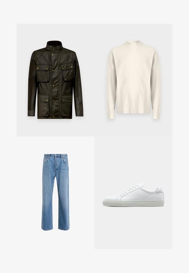 Tumši zaļa vaska jaka ar augstu apkakli, ar sprādzēm, četriem priekšējiem kabatām un plecu detaļām. Ievērojams ar zelta krāsas aparatūru.; Gaišu krēmu krāsas kokvilnas krekls ar garām piedurknēm un augstu apkakli. Līdzena tekstūra, brīva piegriezuma, minimālistisks dizains, nav redzamu rakstu vai akcentu.; Gai zilas džinsu bikses ar taisnām kājām, piecām kabatām, pogu aizvēršanu, minimālu izbalēšanu un kontrastējošiem šuvju elementiem.; Baltie sporta apavi ar gludu ādas virsu un zemu profilu. Iezīmējas ar noapaļotu purngalu, sešām acīm un teksturētu gumijas zoli.