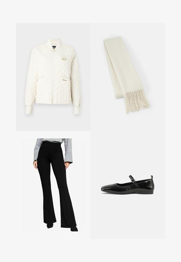 Tikkivooderiga kreemjas jope, millel on soonikkoos ja kahe esipocketiga lukuga suletav talje. Omab kuldset metalldetaili ja peent logo.; Hele kreemikaalune sviiter pikade varrukatega, ümmarguse kaelusega ja ribaga äärisega. Valmistatud pehmest materjalist, millel on sile tekstuur.; Mustad flared püksid venivast kangast, millel on kõrge vöökoht ja õmblused ees, koos halli pikkade varrukatega särgiga.; Mustmust musta nahk king, millel on terav nina, pahkluu rihm koos pandlaga ja sile, läikiv tekstuur. Madal konts mugavuse tagamiseks.; Valge villane sall, ristküliku kuju, sile tekstuur, frantsiislõppadega, et lisada detaili.