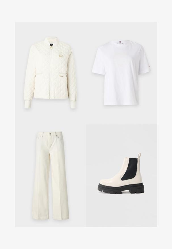 Tikkivooderiga kreemjas jope, millel on soonikkoos ja kahe esipocketiga lukuga suletav talje. Omab kuldset metalldetaili ja peent logo.; Valge puuvillane T-särk ümarate kaelaaukude, lühikeste varrukate ja peene kollase logoga, millel on tekst "HILFIGER NEW YORK 1985". Tavaline lõige.; Laiad valged teksad, mis on valmistatud puuvilla segust. Omavad lukuga eesmist sulgemist, viie taskuga disaini ning õmblusi pükste saemetes.; Kreemvalgest nahast Chelsea saapad paksu musta tallaga ja elastsete mustade külgapanusega tavalise valge tausta ees.