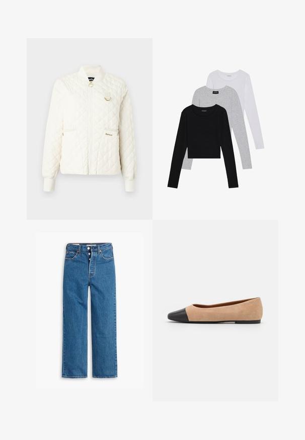Jachetă crem matlasată cu guler texturat, închidere cu fermoar și două buzunare frontale. Include un accent de hardware auriu și un detaliu subtil al logo-ului.; Trei bluze cu mânecă lungă așezate: neagră, gri și albă. Fiecare are un guler rotund și un design scurt, realizat dintr-un material fin și ușor.; Jeans din denim albastru, cu croială dreaptă, talie înaltă, design cu cinci buzunare și fermoar cu buton. Cusături vizibile și nituri de ton cupru.; Baletă din suede bej cu vârf rotund din piele neagră, toc jos și textură netedă, având cusături minime și un design curat.