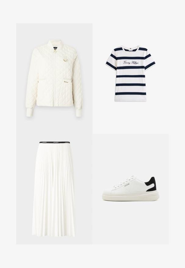 Gestepptes cremefarbenes Jäckchen mit geripptem Kragen, Reißverschluss und zwei Fronttaschen. Mit goldfarbenen Hardware-Accents und subtilen Logodetails.; Baumwoll-T-Shirt mit horizontalen navy-blauen Streifen auf weißem Hintergrund. "Tommy Hilfiger" in Kursivschrift auf der Brust gestickt. Runder Halsausschnitt.; Faltenrock aus Weiß mit einem schwarzen elastischen Bund, der das "LACOSTE"-Logo trägt. Mittellanges Design mit weicher Textur.; Weiße Leder-Sneaker mit einer dicken weißen Sohle, schwarzem Wildlederakzent an der Ferse und geprägtem Logo an der Seite. Schnürdesign mit sechs Ösen.