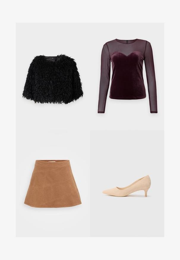 Black faux fur cropped jacket with a textured, fluffy exterior, round neckline, and no visible fastenings. Lined interior visible at neck.; Burgundy long-sleeve top featuring a velvet bodice with a heart neckline and sheer mesh sleeves, smooth texture, and fitted design.; Brown corduroy mini skirt with a flared design, featuring diagonal seams and a smooth texture. Flat waistband at the top.; Beige suede high-heeled pump with a pointed toe and a slim, 2-inch heel. Smooth texture with minimal detailing on the upper surface.