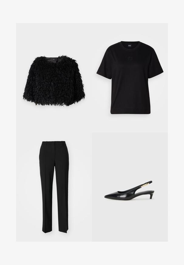 Must karusnahast lühike jakk, millel on tekstureeritud, koheline pind, ümar kaelus ja nähtavad kinnitused puuduvad. Kaela juures on nähtav vooder.; Mustmust särk, millel on ümar kaelus, lühikesed varrukad ja tindiga tikitud logo rinnal. Lihtne, mugav lõige ilma mustriteta.; Mustad ja sirged püksid, millel on sile tekstuur ja teravad voldid esiosas. Ilma nähtavate detailideta.; Mustad nahast slingback kontsad terava ninaga, millel on õhuke konts ja kuldse tooni aktsent reguleeritaval rihmal. Sile tekstuur.