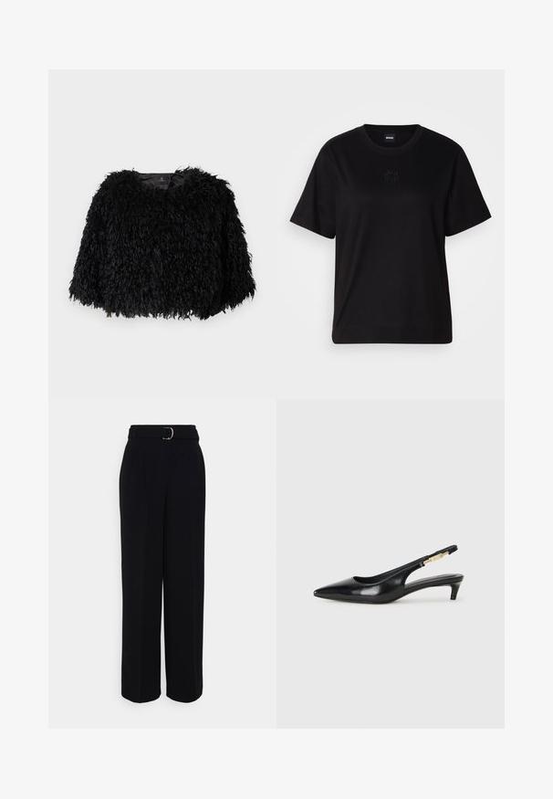Black faux fur cropped jacket with a textured, fluffy exterior, round neckline, and no visible fastenings. Lined interior visible at neck.; Black cotton t-shirt with a crew neckline, short sleeves, and an embroidered logo on the chest. Simple, relaxed fit with no patterns.; Black tailored pants with a wide-leg silhouette, featuring a belt with a silver buckle, pleats, and a smooth fabric texture.; Black leather slingback heels with a pointed toe, featuring a slim heel and a gold-tone accent on the adjustable strap. Smooth texture.