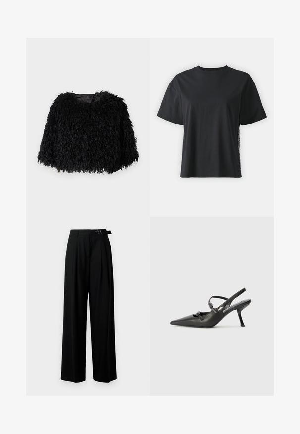 Musta tekokarvainen lyhyt takki, jossa on teksturoitu, pörröinen pinta, pyöreä kaula-aukko ja ei näkyviä kiinnityksiä. Vuorattu sisäosa näkyy kaulassa.; Musta lyhythihainen puuvillapaita rentoa mallia, jossa on erottuva sivupaneeli, johon on lisätty pieniä tekstejä ja yksityiskohtia.; Mustat leveät housut korkealla vyötäröllä, etuosassa laskokset ja soljellinen vyö. Valmistettu sileästä ja kevyestä kankaasta.; Mustat nahkaiset slingback-korkokengät, joissa on terävä kärki, hoikka korko ja koristeellinen solkityyny varpailla. Tasainen pinta ja tyylikäs muotoilu.