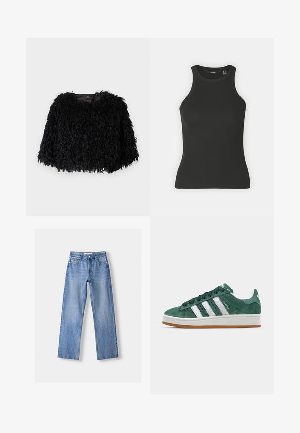 Musta tekokarvainen lyhyt takki, jossa on teksturoitu, pörröinen pinta, pyöreä kaula-aukko ja ei näkyviä kiinnityksiä. Vuorattu sisäosa näkyy kaulassa.; Musta ribbatun tank top, jossa on korkea pääntie ja hihaton muotoilu. Ominaisuuksiin kuuluu tiukka siluetti ja pehmeä tekstuuri.; Vaaleansiniset denim-farkut suoranlahkeisella muotoilulla, joissa on viisi taskua, etupainikeh closure ja hienovarainen haalistuminen pintakuvioinnin vuoksi.; Vihreät samettiset lenkkarit, joissa on valkoiset nahkakaistat, kumipohja, pehmustettu kaulus ja minimalistinen muotoilu. Sivulla on brändäys.