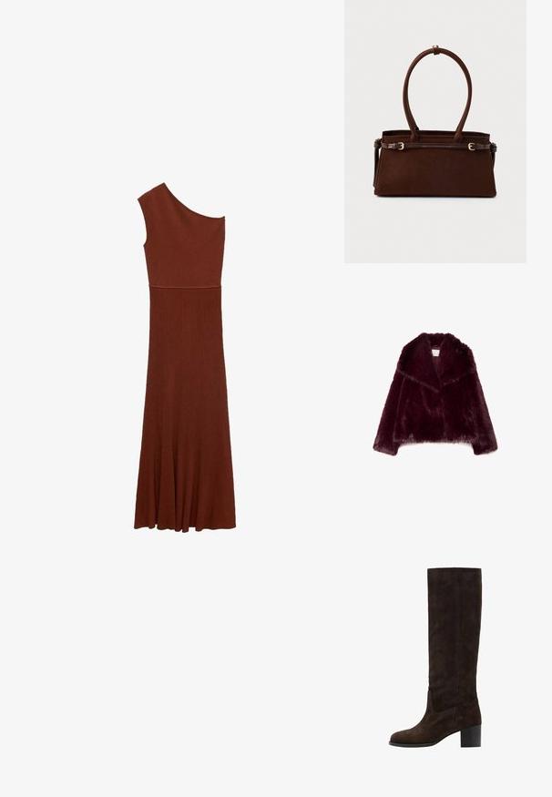Burgundská umelá kožušinová bunda s dlhými rukávmi, širokým golierom a textúrovaným, nadýchaným povrchom. Má otvorený predný strih a jemnú vnútornú podšívku.; Asymetrické hnedé šaty s rebrovanou textúrou a jedným ramienkom; priliehavá sukňa sa rozširuje do širokej spodnej časti. Hladká textúra po celom obvode.; Hnedé zamatové kožené vysoké čižmy so štvorcovou špičkou a blokovým opätkom. Hladký povrch a minimálne švy na vonkajšej strane.; Tmavo hnedá semišová kabelka so štruktúrovaným tvarom, s dvomi hornými uchami a odnímateľným popruhom s akcentom zlatého tónu s prackou.