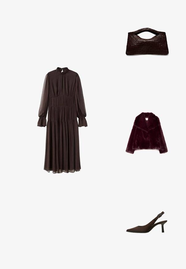 Burgundyröd fuskpälsjacka med långa ärmar, bred krage och en texturerad, fluffig yta. Har en öppen frontdesign och mjukt innerfoder.; Brun långärmad klänning med hög halsringning, smockad byst och utsvängda ärmar. Tillverkad av lättviktsmaterial och har en flerlagers kjol.; Bruna mockaskinn slingback-pump med spetsig tå, elegant design, tunn klack och ett spänne på vristremmen.; Vävd mörkbrun handväska med en unik form, försedd med ett utskuret handtag och mjuk textur, perfekt för en nutida stil.