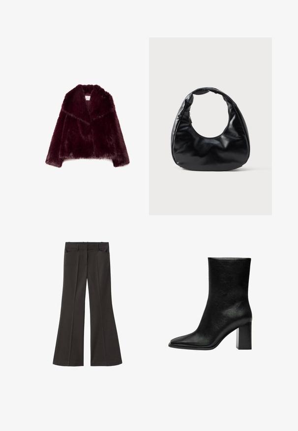Bordowa kurtka z futra syntetycznego z długimi rękawami, szerokim kołnierzem i teksturowanym, puszystym wykończeniem. Posiada otwarty przód i miękką podszewkę.; Czarna koszulka bawełniana z okrągłym dekoltem. Krótkie rękawy, luźny krój i prosty dół bez ozdób czy wzorów.; Czarne spodnie z szerokimi nogawkami i wysokim stanem; posiadają dwie przednie kieszenie oraz gładką teksturę materiału. Idealne na różne okazje.; Czarne botki za kostkę wykonane z gładkiej skóry, z ostro zakończonym noskiem i masywnym prostokątnym obcasem. Minimalistyczny design bez ozdób.; Czarna torebka z faux skórki o unikalnym kształcie półksiężyca, szerokim, wyściełanym uchwycie i zamykaniu na zamek. Gładka, błyszcząca tekstura, minimalistyczny design.