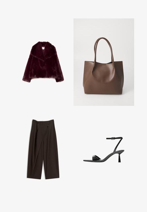 Burgundska umetna krzna jakna z dolgimi rokavi, širokim ovratnikom in teksturiranim, puhastim zaključkom. Ima odprt sprednji del in mehko notranjo oblogo.; Bela kratka majica s kratkimi rokavi in okroglim izrezom, sproščenega kroja, narejena iz mehkega materiala. Brez vzorcev ali dodatkov, z običajnim robom.; Temno rjave široke hlače z visokim pasom, ki imajo en gumb za zapiranje in zamaščen sprednji del. Narejene so iz lahkega blaga.; Bershka Sandali z visoko peto - black; Rjava usnjena torba z dvema dolgima ročajema, strukturirane oblike, gladke teksture in minimalisticnega dizajna. Ni vidne strojne opreme ali dodatkov.