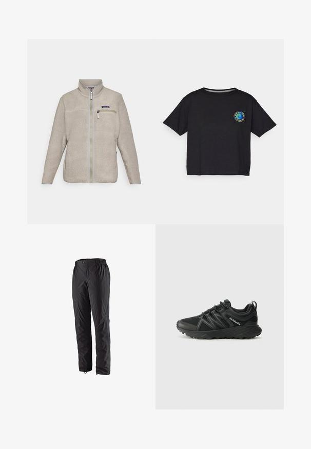 Beež fliisjakker, millel on tõmblukk ees, kõrge krae ja rinnaäärte tasku. Tekstureeritud kangas, pikad varrukad ja halli metallist detailid.; Must musta lühikeste varrukatega T-särk, millel on rinnal ringikujuline mitmevärviline logo. Otse lõpp ja mugav lõige.; Mustavad veekindlad püksid elastse vöökoha, külgmiste tõmblukkude, kitsenevate säärejate ja sileda tekstuuriga. Sobivad välistingimustes tegevuseks.; Columbia PEAKFREAK - Matkajalatsid - black