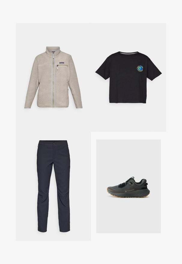 Beige fleecejacka med dragkedja fram, hög krage och bröstficka. Texturerat tyg, långa ärmar och gråa detaljer.; Svart bomullst-shirt med kort ärm som har en rund, flerfärgad logotyp på bröstet. Rak nederkant och avslappnad passform.; Marina blå byxor i slät tyg, med framknäppning, slim-fit design och veckade detaljer vid knäna.; Columbia TERRASTRIDE CRZ - Hikingskor - shark/black