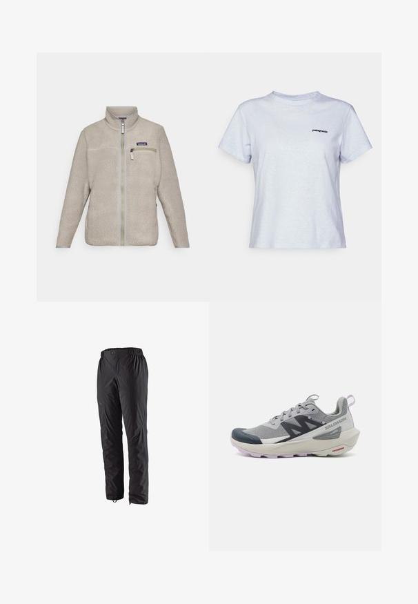 Beige fleece takki, jossa on vetoketju, korkea kaulus ja rintatasku. Teksturoitu kangas, pitkät hihat ja harmaat varusteet.; Vaaleansininen puuvillapaita lyhyillä hihoilla, pyöreällä kaula-aukolla ja vasemmassa rinnassa pieni musta logo, jossa lukee "patagonia."; Mustat vedenpitävät housut, joissa on joustava vyötärö, sivutaskut vetoketjulla, kapenevat lahkeet ja sileä rakenne. Sopivat ulkoilmaaktiviteetteihin.; Salomonin harmaat ja laivastonsiniset juoksukengät sisältävät hengittävän verkko-yläosan, kumisen varvaskannan ja teksturoidun pohjan laventelin sävyillä.